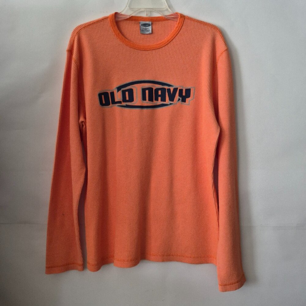 Old Navy Womens L Orange Logo Long Sleeve Crew Neck Waffle Knit Shirt Top